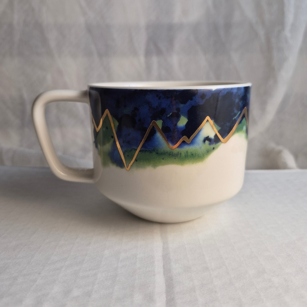Starbucks 2015 06/08 Watercolor Mountain Gold Geometric Coffee Mug 12oz Ceramic